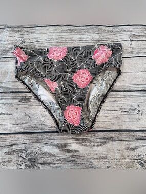 L.L. Bean Brown Bikini Bottom with Pink Floral Print; High Rise; Size 12